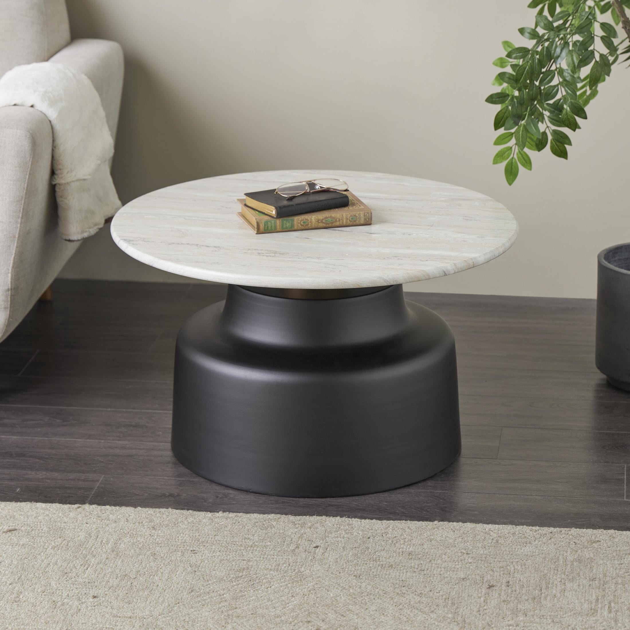 DecMode 29" x 17" Black Metal Pedestal Coffee Table with Faux White Marble Top, 1-Piece