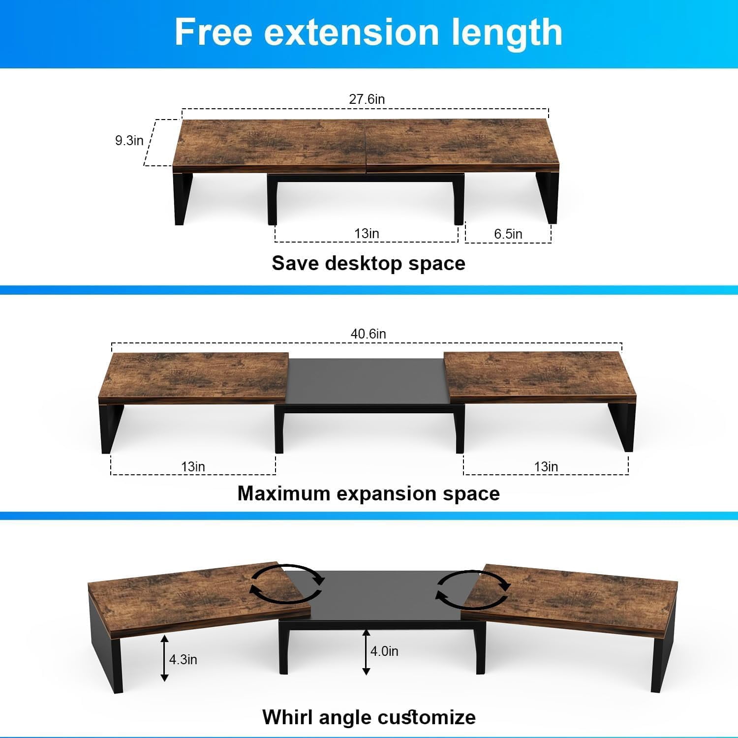 Dual Monitor Stand for Desk, Metal Computer Stand, Desk Shelf Riser,Desktop Organizer for Home and Office Use (Black)