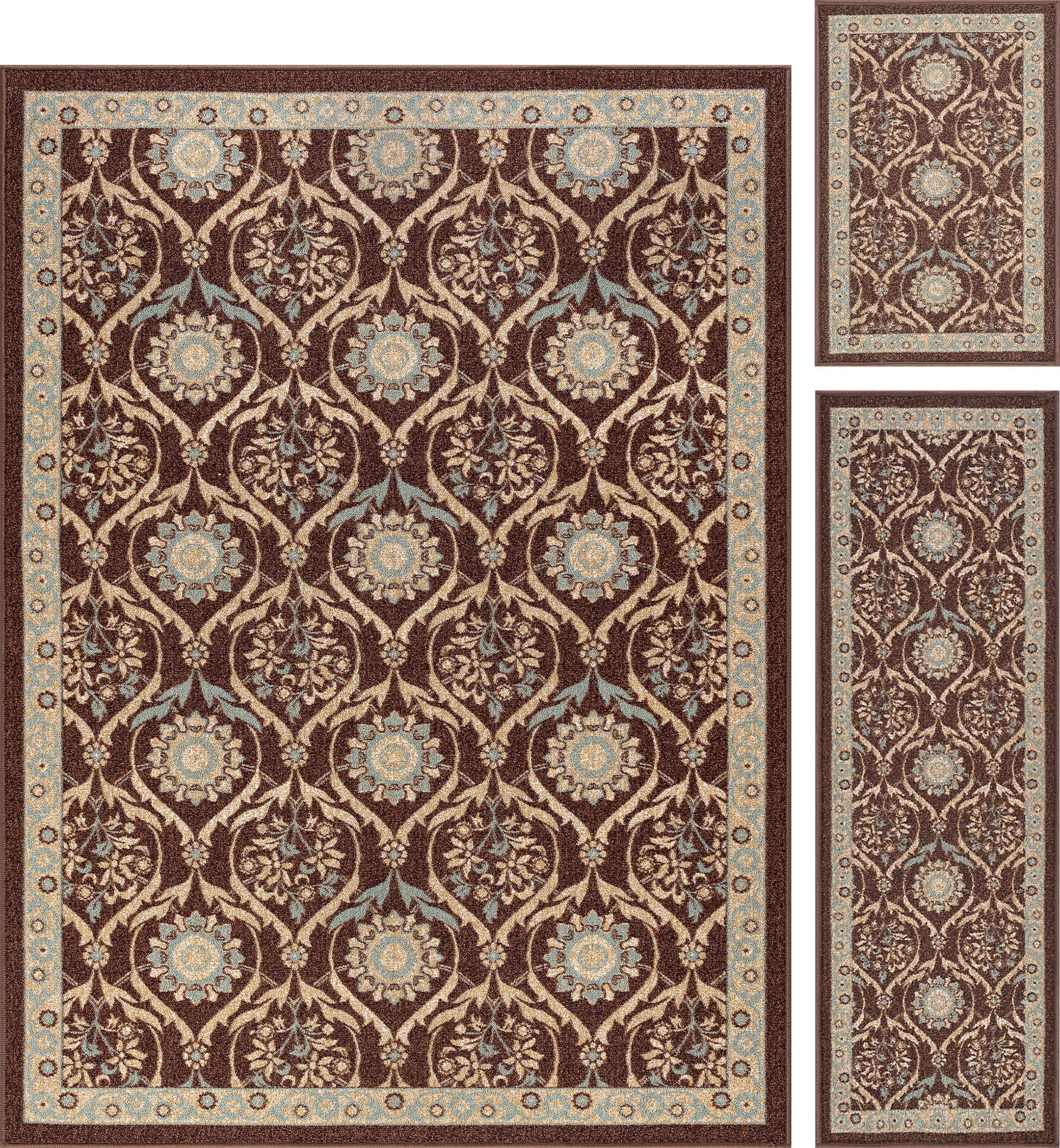 Transitional Area Rug (3-Piece Rug Set: (5' x 7', 20'' x 60'', 20'' x 32'')) Floral Brown, Beige Indoor Set Easy to Clean