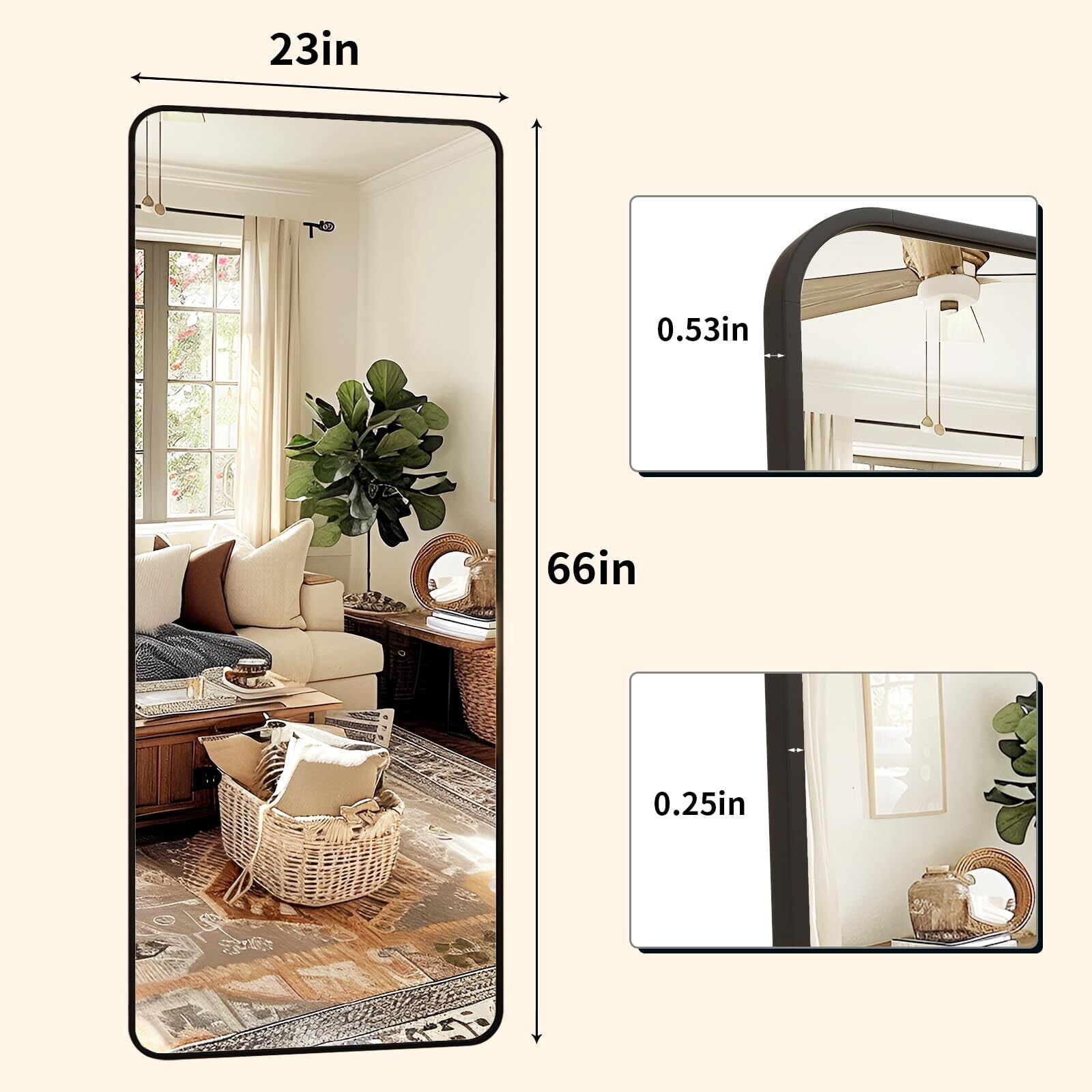 Mirstory Full Length Mirror 23"x66", Large Floor Mirror with Rectangle Rounded Corners, Aluminum Alloy Frame,Black