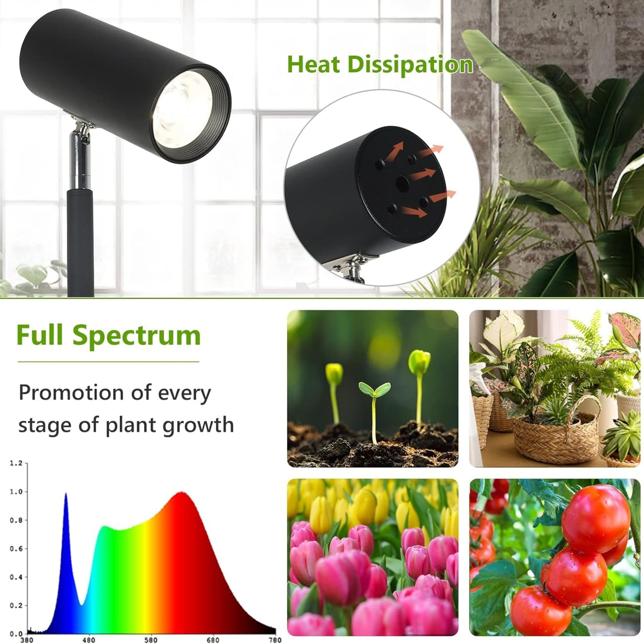 Noble House Full-Spectrum Grow Light Stand, Tall Plant Light for Indoor Growing, Led Growth Floor Lamp, Black