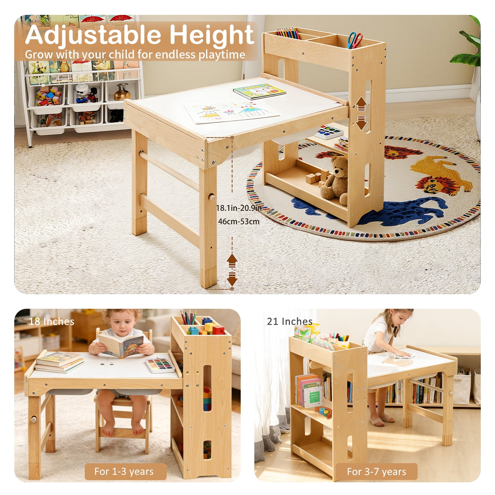 Toddler Sensory Table with Storage Shelves, Adjustable Height Kids Art Desk with Bookshelf, Wooden Activity Play Desk and Chairs for Children 1-6 Years