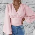 thumbnail image 4 of Long Sleeve Shirts For Women Waistline V Neck Sleeve Sleeve Solid Color Ruffled T Top Womens Long Sleeve Tops, 4 of 7