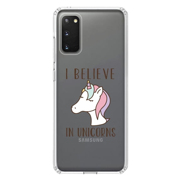 DistinctInk Clear Shockproof Hybrid Case for Galaxy S20 PLUS / 5G (6.7" Screen) - TPU Bumper Acrylic Back Tempered Glass Screen Protector - I Believe in Unicorns