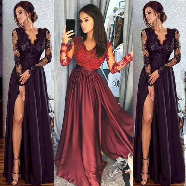 New Elegant Women Ladies Fashion Long Sleeve Formal Dress Deep-V Evening  Party Ball Prom Gown Dress Lace Long Maxi Dress
