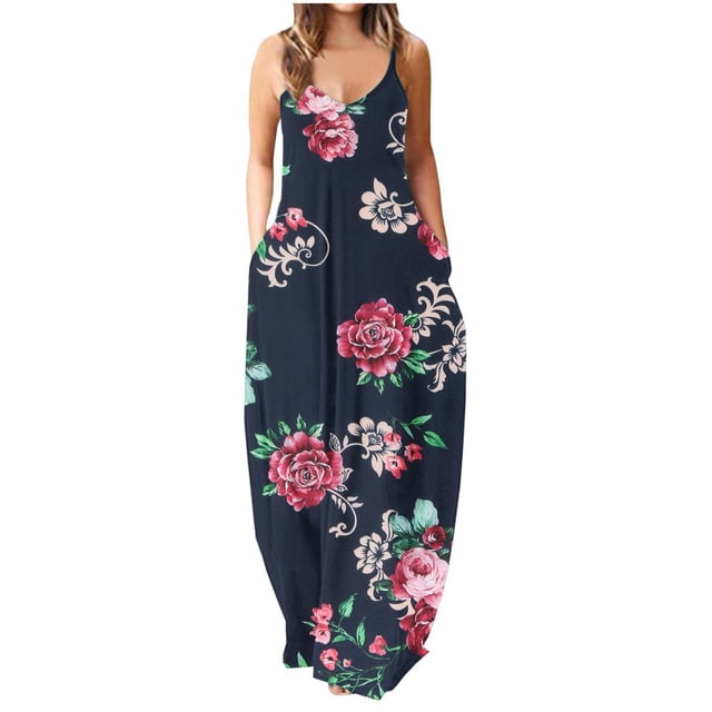Robe d'Été pour Femmes Décontractée Sans Manches Grande Taille Longue Robe Maxi avec Poches Imprimé Floral Ample Robe de Plage Robe Bohème