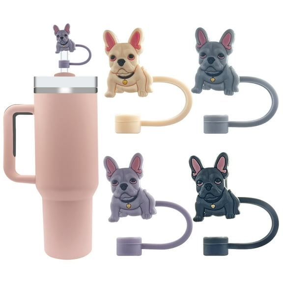 4PCS French Bulldog Straw Cover for  Stanley 20 30&40 Oz Cups, Cute Dog Straw Toppers for Stanley 40 Oz Tumbler with Handle, Dust-Proof Straw Caps for Water Bottle