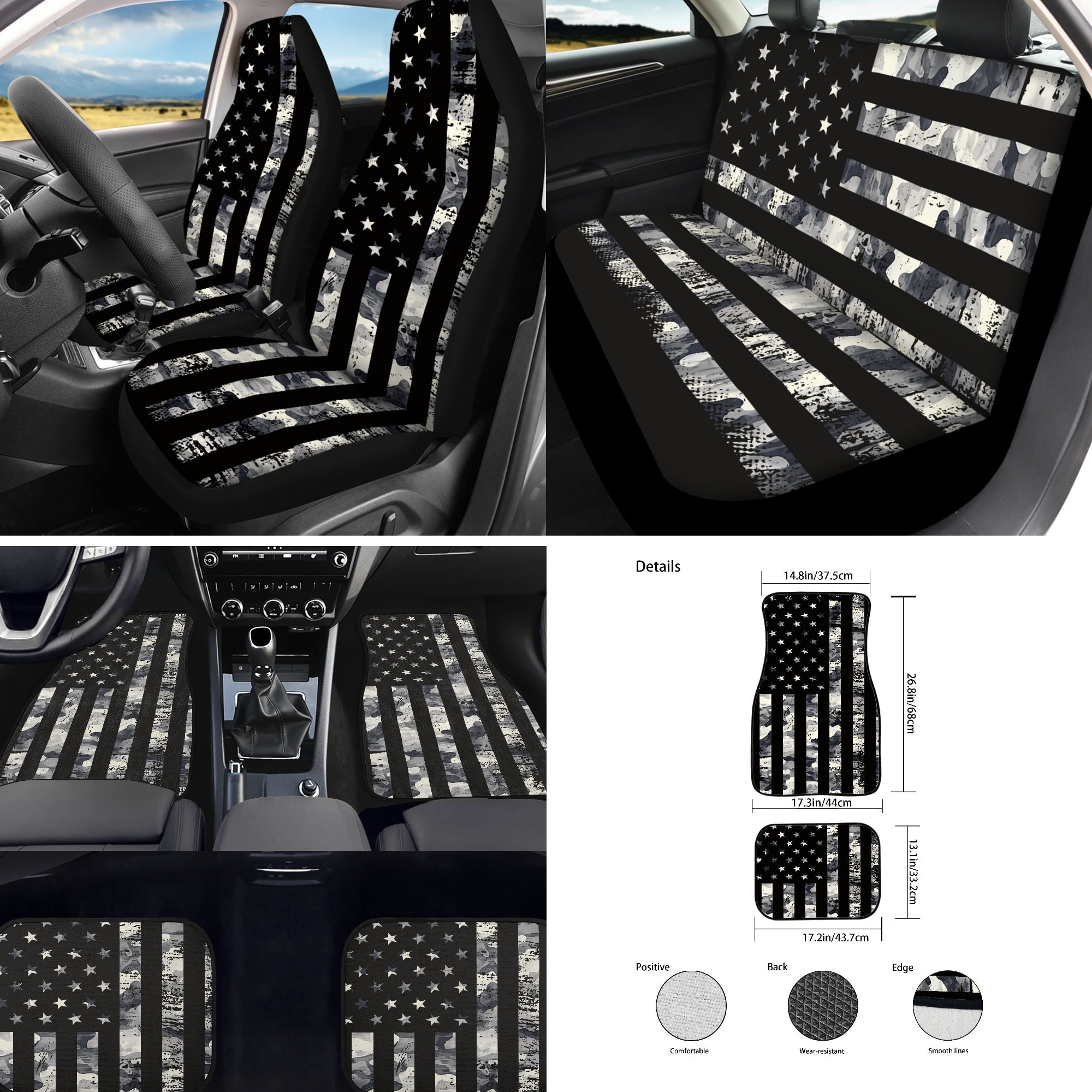 Jeiento American Flag 17 Pcs Car Seat Covers Full Sets for Women Men, Car Floor Mats with Steering Wheel Cover Armrest Cover Seatbelt Covers Cup Coaster Lipstick Keychain, 4Th of July Decor