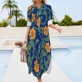 thumbnail image 3 of Orange Flowers Blue Background Floral Pattern Shirt Dress Long Sleeve Street Fashion V Neck Oversized Casual Dress Women Evening Dress, 3 of 7