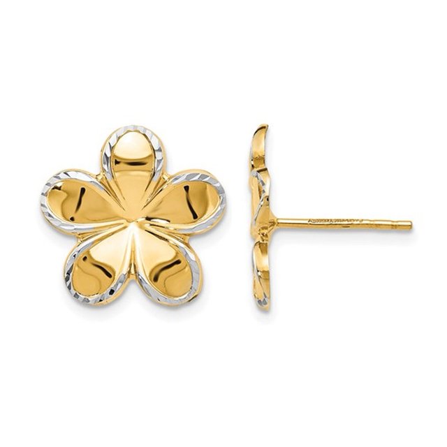 14K Yellow and White Gold Flower Post Earrings