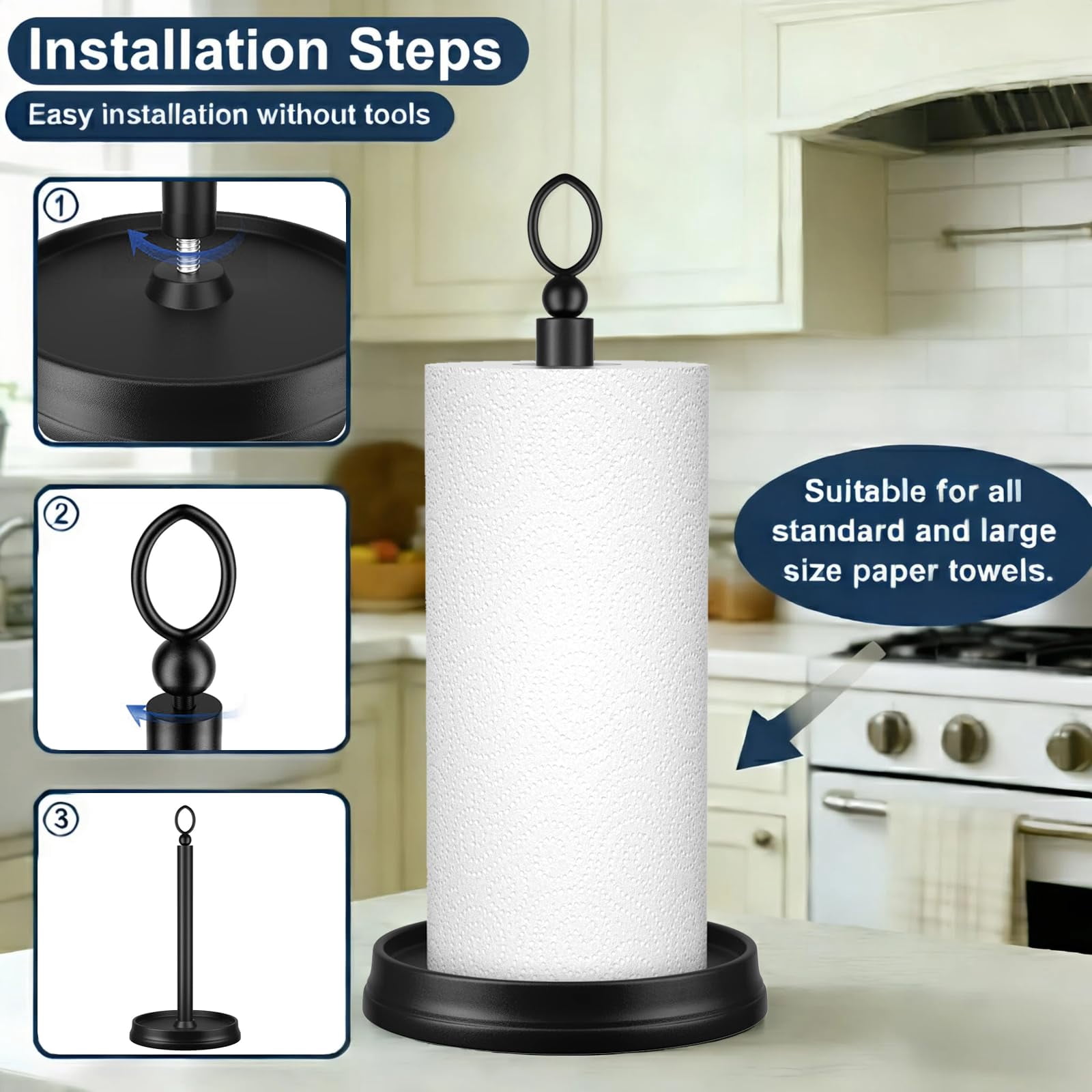 Standing Paper Towel Holder  Non-slip Roll For Bathroom Stainless Steel Kitchen Stand Countertop (matte Black 2 Pack)