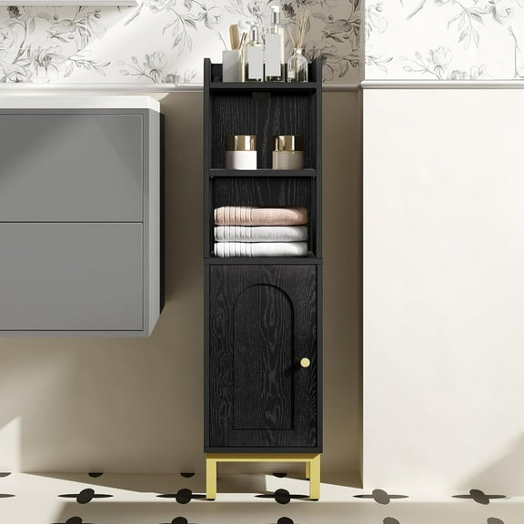 Bathroom Storage Cabinet, Small Corner Floor Cabinet with Door and Shelves, for Small Spaces, Black