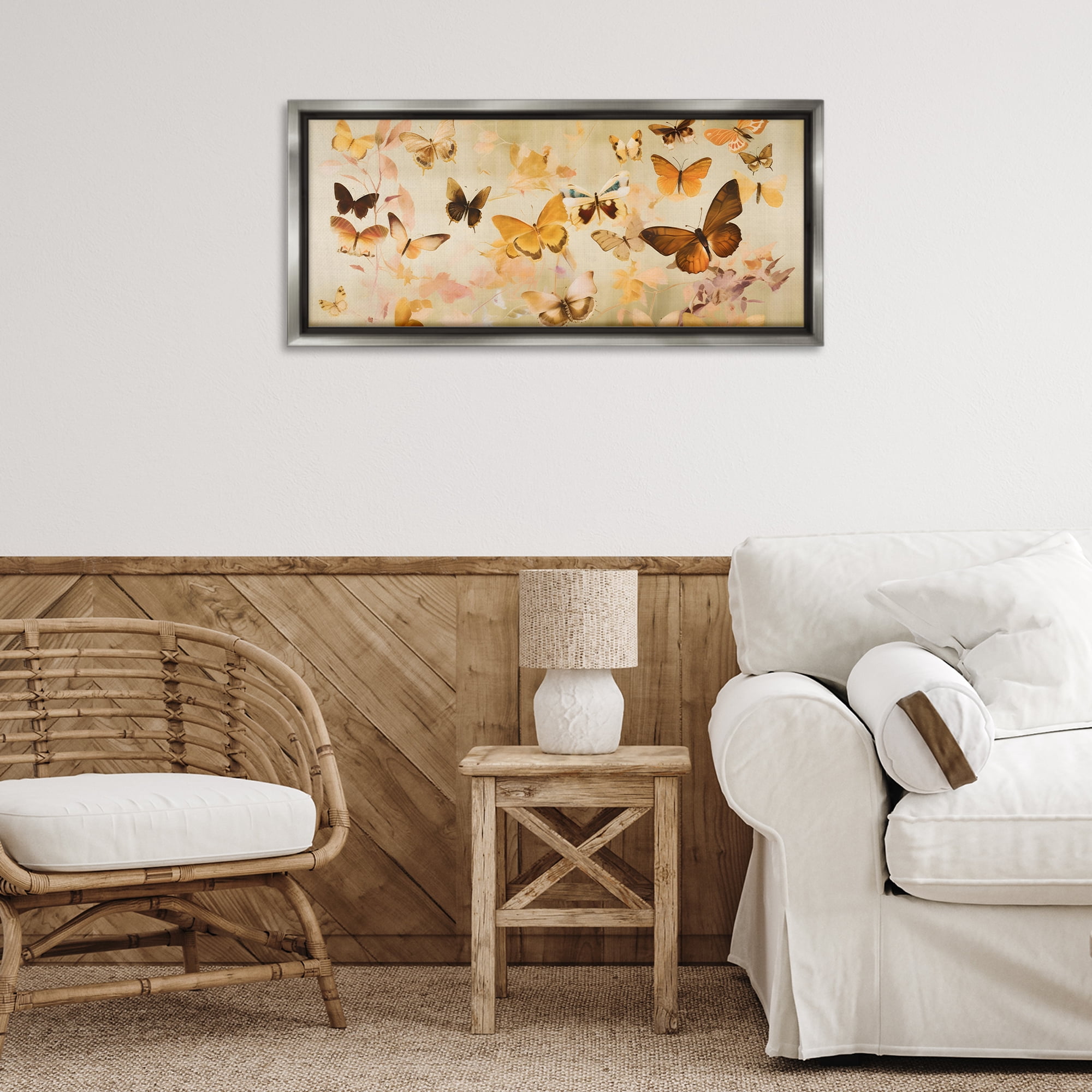 Stupell Industries Neutral Butterfly Array Animals & Insects Painting Gray Floater Framed Canvas Art Print Wall Art, 31 x 14