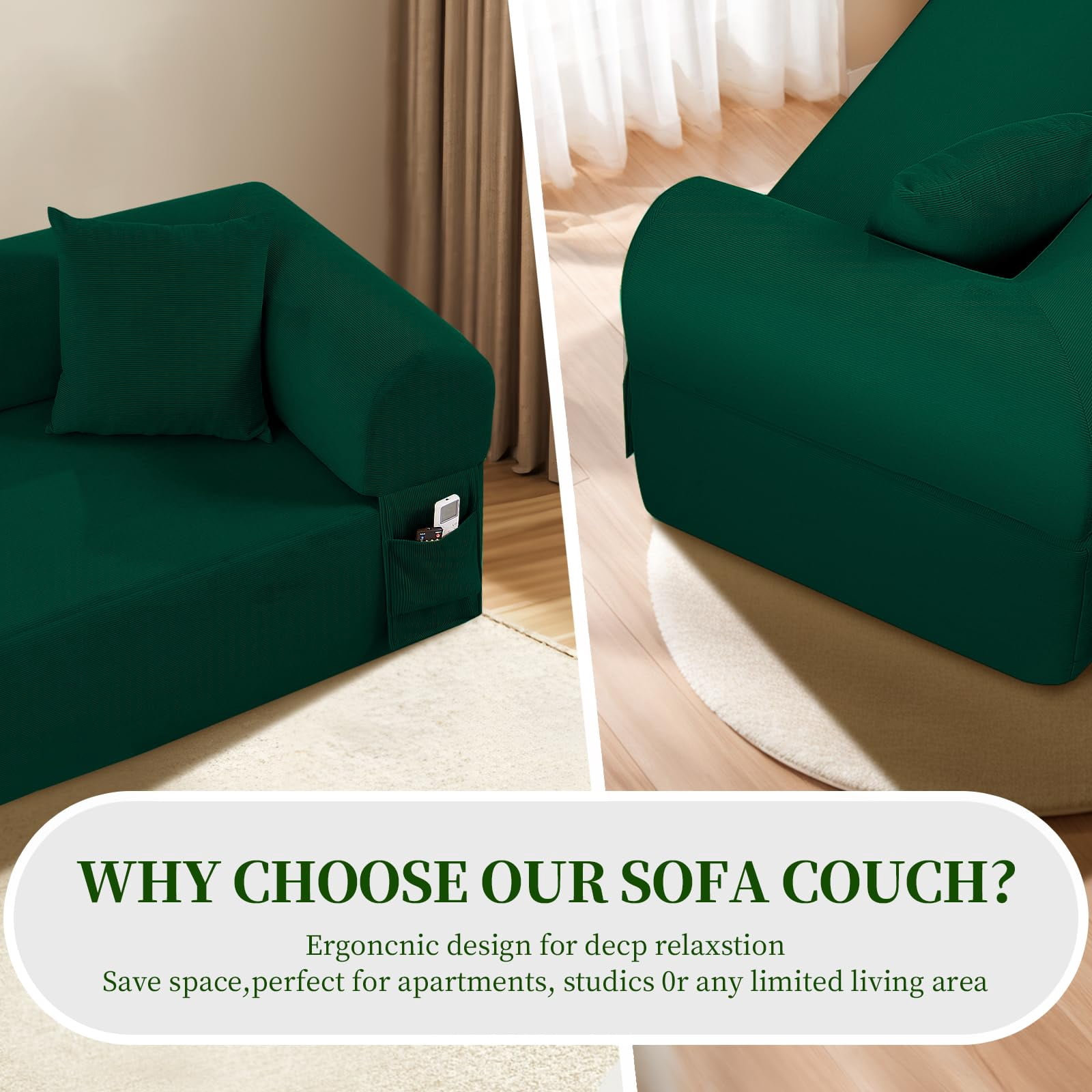 3-Seater Sofa, 83" No Assembly Deep Loveseat Couch in A Box, Spring & High-Elastic Sponge Filling Sofas with 2 Cushions & Side Storage Pockets for Living Room Apartment, Green