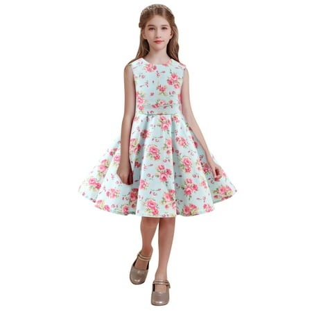 

Cathalem Dresses for Big Kids Outfits Party Sleeveless Gown Dress Kid Dots Prints Floral Children Girl Birthday Outfits Baby Girl Dress Blue 11-12 Years