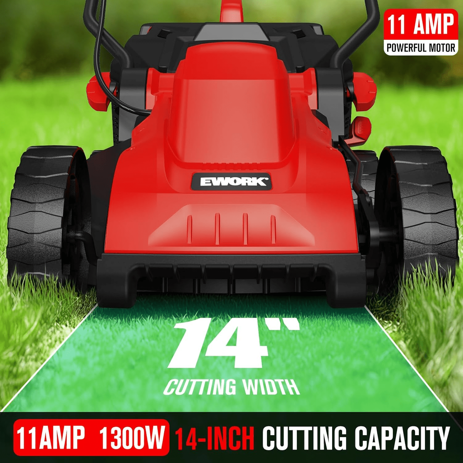 EWORK Corded Electric Lawn Mower 14-Inch, 11Amp Electric Push Mower with 30L Collection Bag, 4-Height Adjustment, Lightweight Lawnmower for Garden, Yard