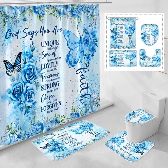 4 Pcs Orange Butterfly Inspirational Quotes Shower Curtain Set with Rugs and Toilet Lid Cover, Colorful Boho Waterproof Fabric Bathroom Set, Bible Verse Floral Bathroom Decor Set Accessories