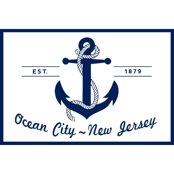 Ocean City, New Jersey, Blue and White Anchor (9x12 Wall Art Print