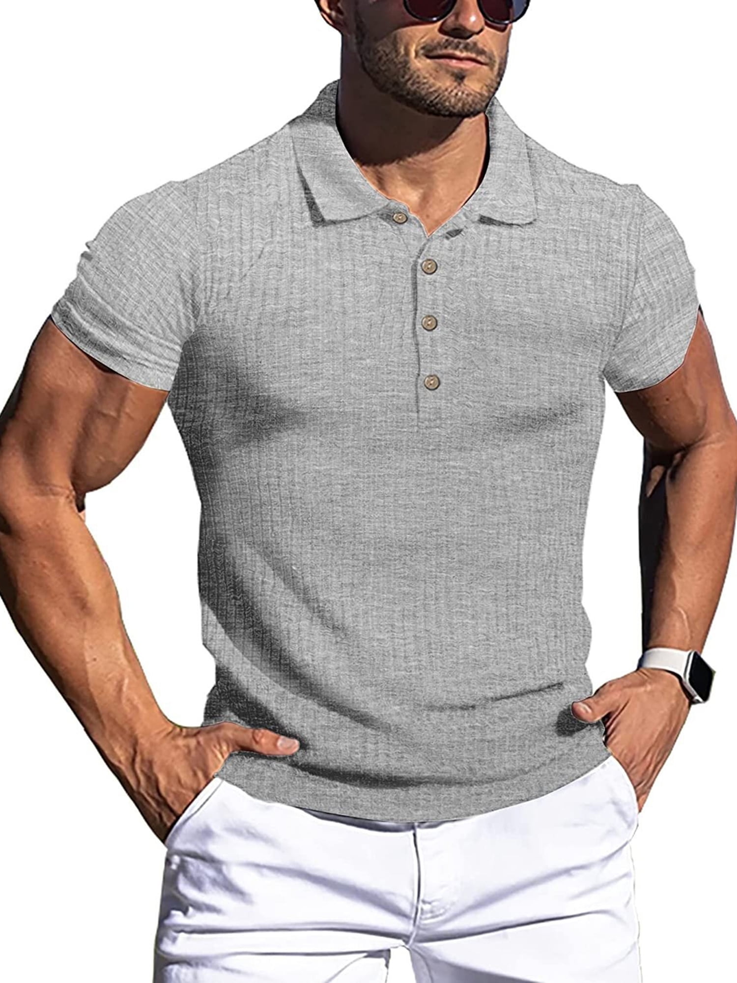 CenturyX Men's Muscle Polo Shirt Knit Ribbed Stretch Short Sleeve Workout Tee Casual Fit T Shirts Light Grey XXXL Walmart.com