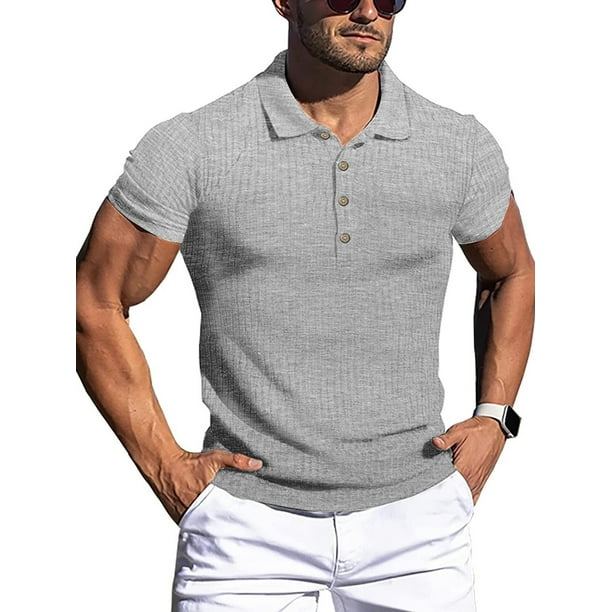 Camiseta de manga corta Sunloudy para hombre, estilo informal de verano y otoño, Color sólido, rayas verticales, botón frontal, solapa elástica, Tops, ropa de calle Sunloudy moda
