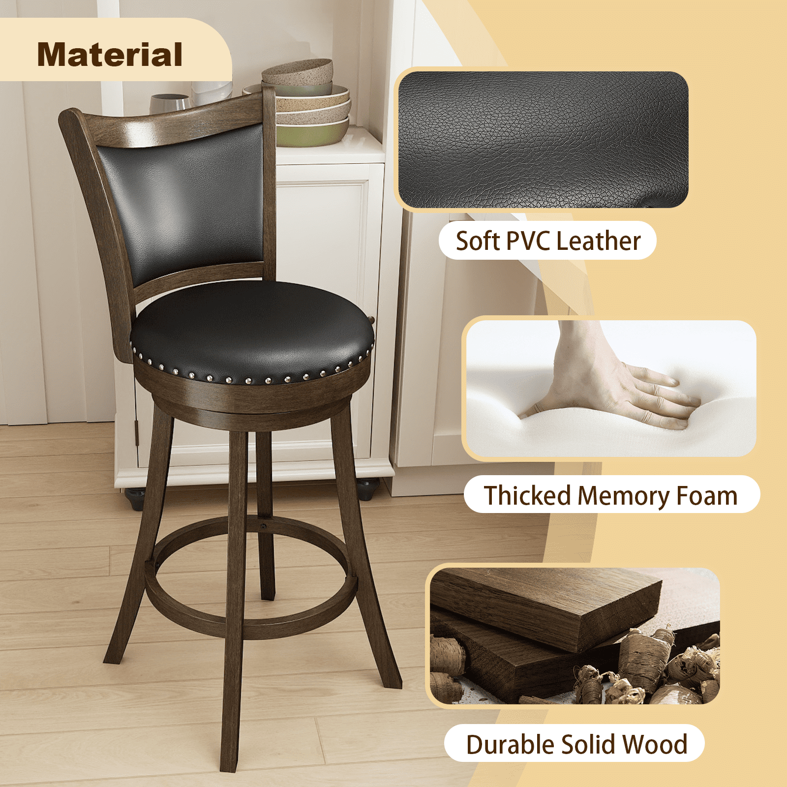 30 Inch Swivel Bar Stools Set of 2 Rotated Counter Height Barstool with High Back Leather Upholstered Kitchen Island Stools Chair for Home Bar, Black