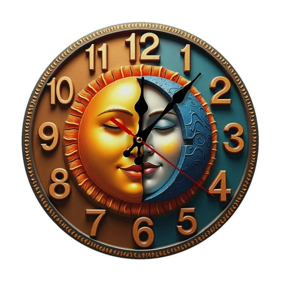 Sun Moon Yinyang Wall Clock 10 Inch Silent Non Ticking Round Clock Decoration for Living Room Kitchen Bedroom Bathroom Office Classroom