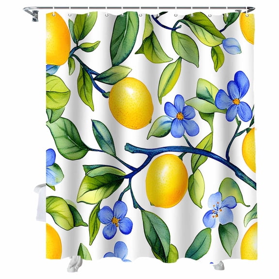 Shower Curtains Watercolor Lemon Bath Curtain Blue Flower Leaf Waterproof Bathroom Shower Curtain Set with Hooks Decoration 36 x 72 Inches
