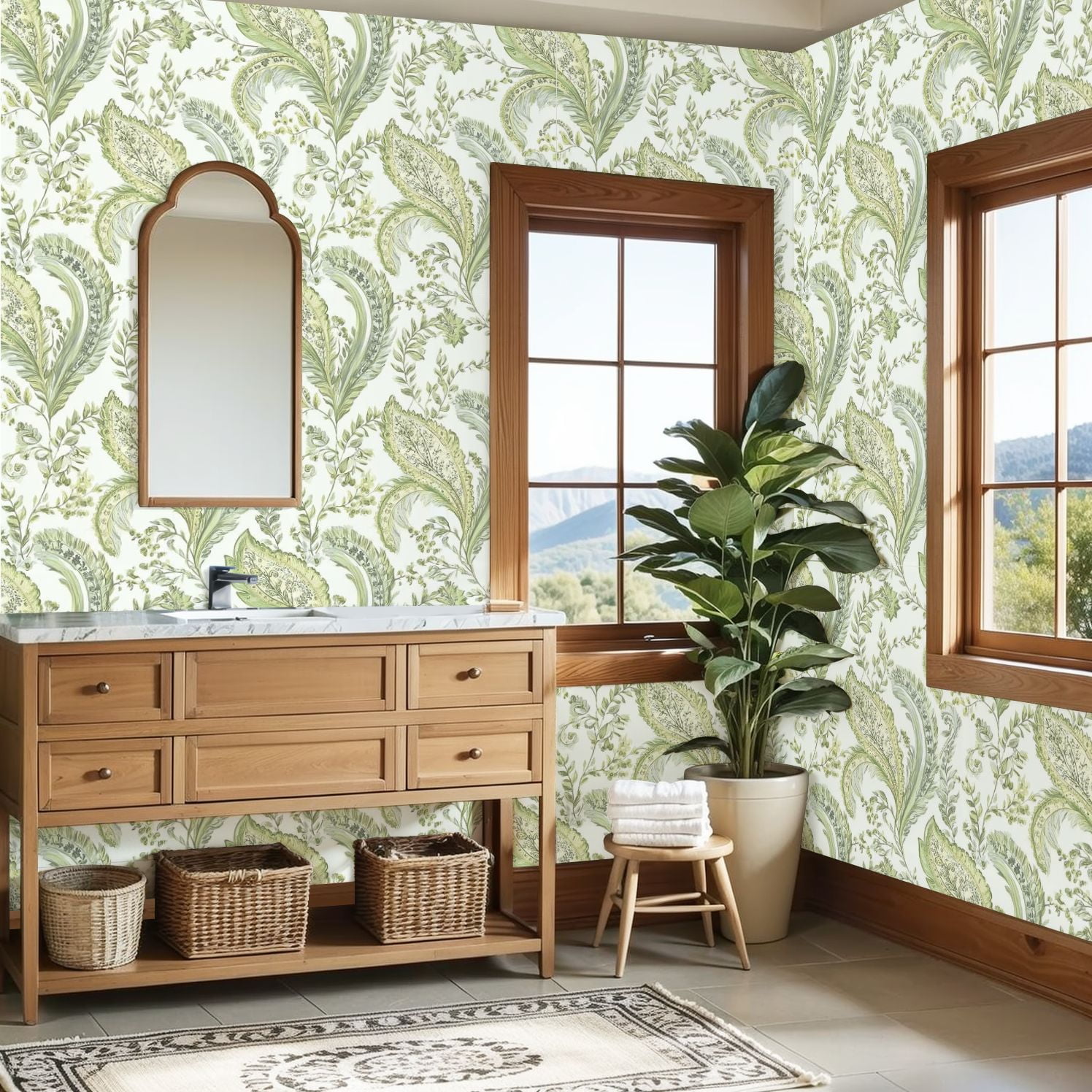 Paisley Peel and Stick Wallpaper 23.6in x 9.8ft Elegant Green Floral Paisley Leaves Swirls Contact Paper Vinyl Waterproof Self Adhesive Wall Paper for Bedroom Shelf Cabinet Renter Friendly