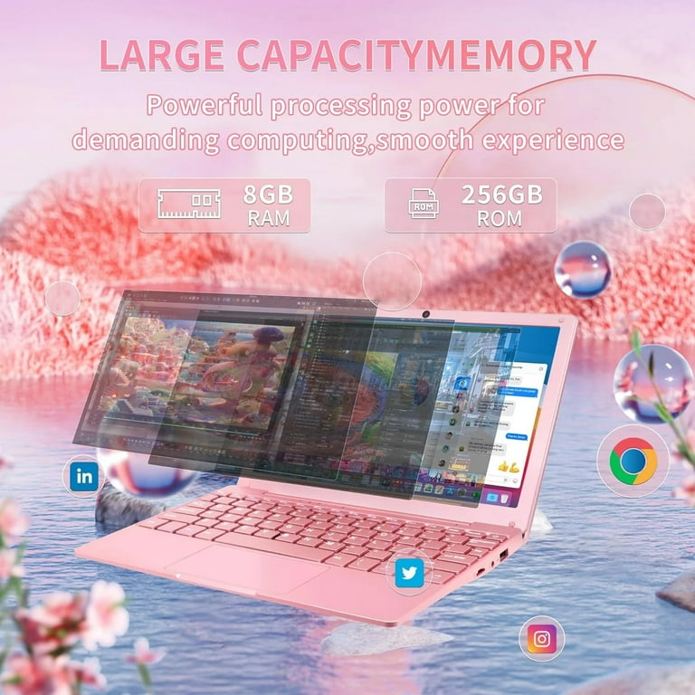 10.1-inch Portable Mini Pink Laptop Computer, DDR4 8GB RAM, 256GB