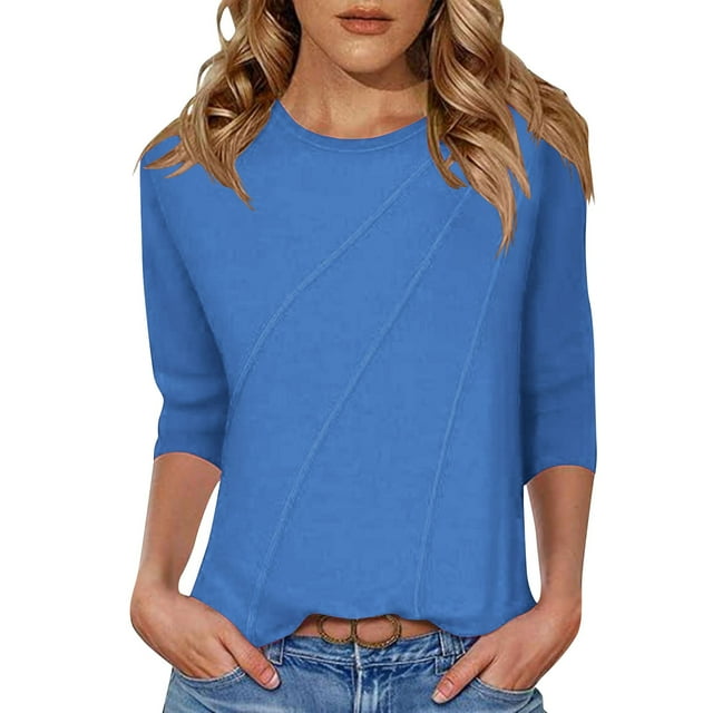 cfhntfmh Hauts à Manches 3/4 pour Femmes Col Rond Tunique Décontractée Chemises Plissées Blouse Habillée T-Shirts Basiques d'Automne