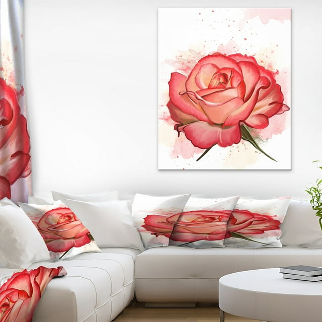 Red Rose Illustration with Splashes - Floral Canvas Art Print