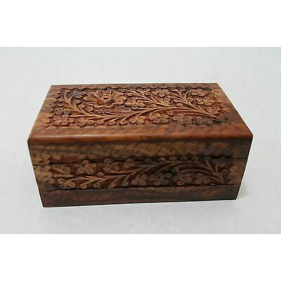 Girls Jewelry Box Solid Wooden with Hand Carved Floral Designs Secret Lock 7"x4"
