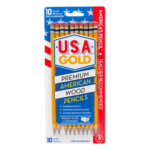 2 USA Gold Yellow Pencil, Wood Cased Pencils, Sharpened, 10 Count