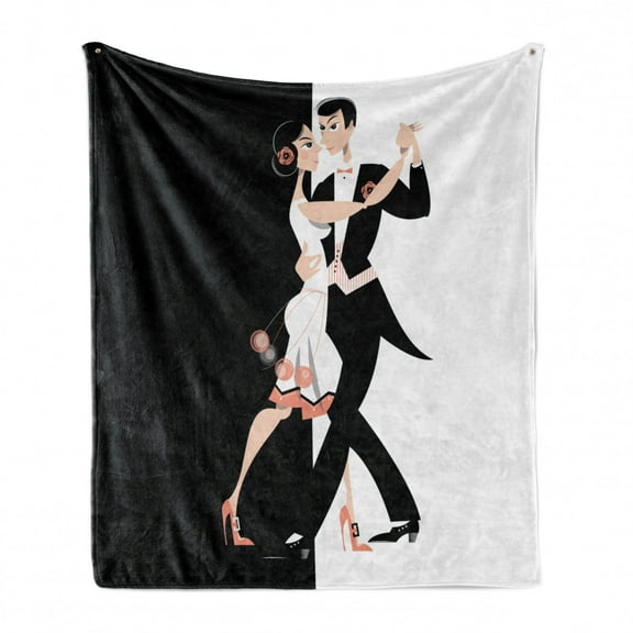 Old Hollywood Soft Flannel Fleece Throw Blanket, Modern Dancing Couple Performing Pas de Deux Simplistic Design, Cozy Plush for Indoor and Outdoor Use, 70" x 90", Black White and Coral, by Ambesonne