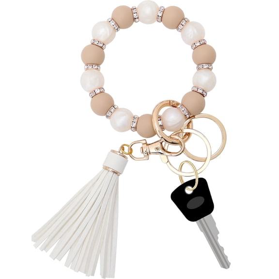 Silicone Key Ring Bracelet for Women, Elastic Beaded Wristlet Keychain Key Holder with Zircon & Tassel