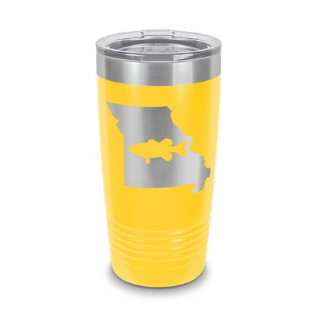 

Missouri Bass Tumbler 20 oz - Laser Engraved w/ Clear Lid - Stainless Steel - Vacuum Insulated - Double Walled - Travel Mug - state shaped largemouth fishing fish mo - Yellow