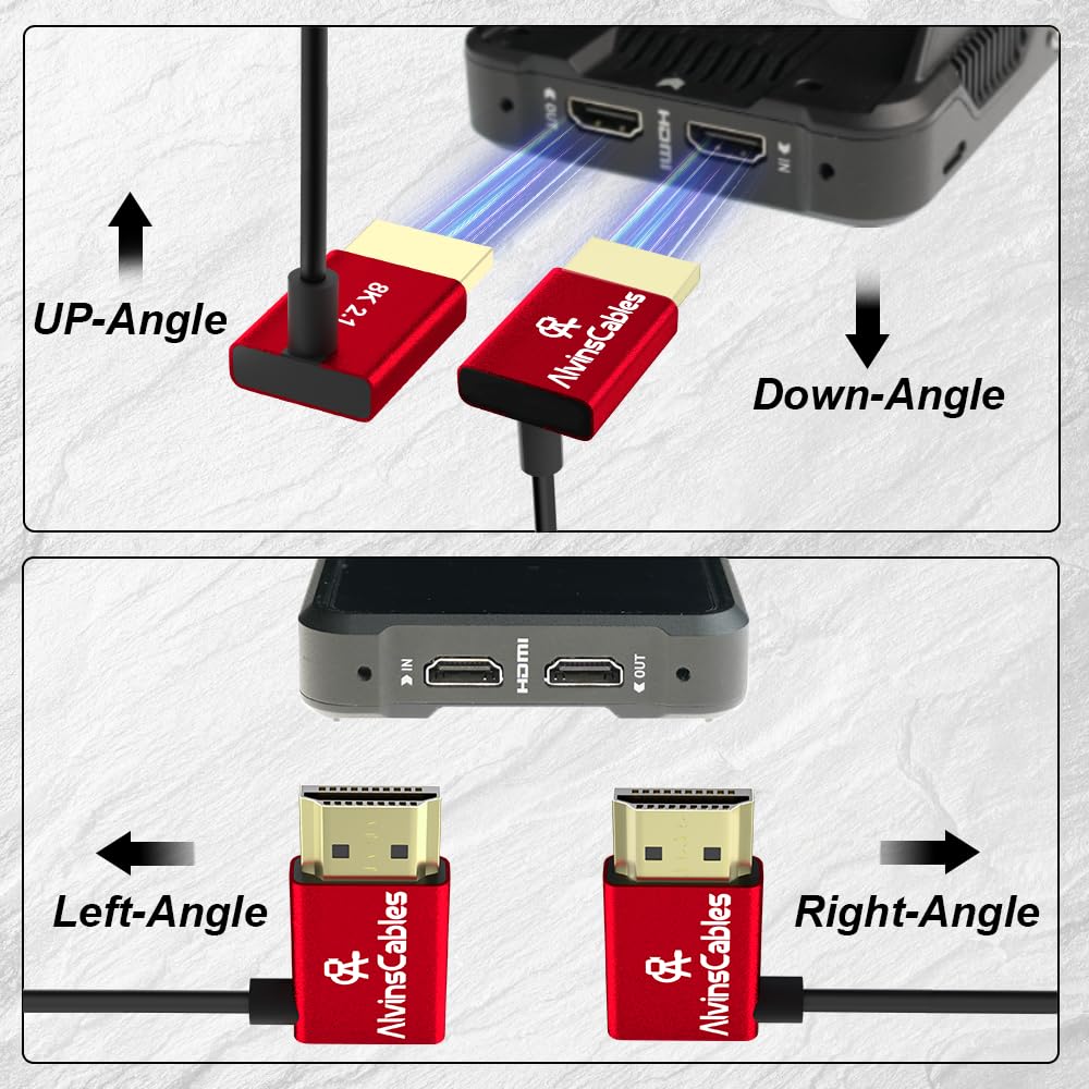 Alvin's Cables 8K HDMI Cable 2.1 48Gbps High Speed Φ2.4mm Ultra-Thin HDMI 8K@60Hz 4K@120Hz for Sony A7 A9, for BMPCC, for Canon C70, for Atomos Ninja, for SmallHD, Straight to Left Angle Coiled