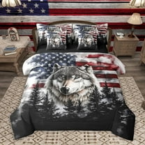 Homewish 3D Jungle Wolf Twin Bedding Sets 7-Piece, Retro American Flag Bedding Comforter Set, Western Countryside Reversible Sheet Sets, Microfiber Bedroom Decor