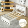 thumbnail image 5 of Gymax Twin Size Wooden Bed Frame w/ Charging Station & LED Light Storage Headboard White, 5 of 10