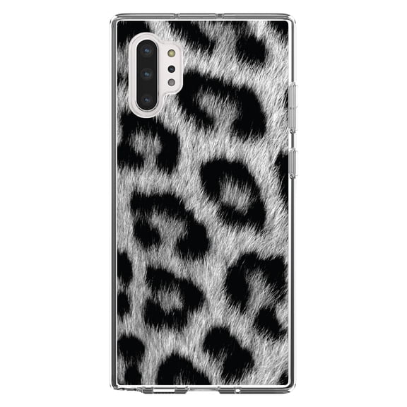 DistinctInk Clear Shockproof Hybrid Case for Galaxy Note 10 PLUS (6.8" Screen) - TPU Bumper, Acrylic Back, Tempered Glass Screen Protector - Black White Snow Leopard Fur Print