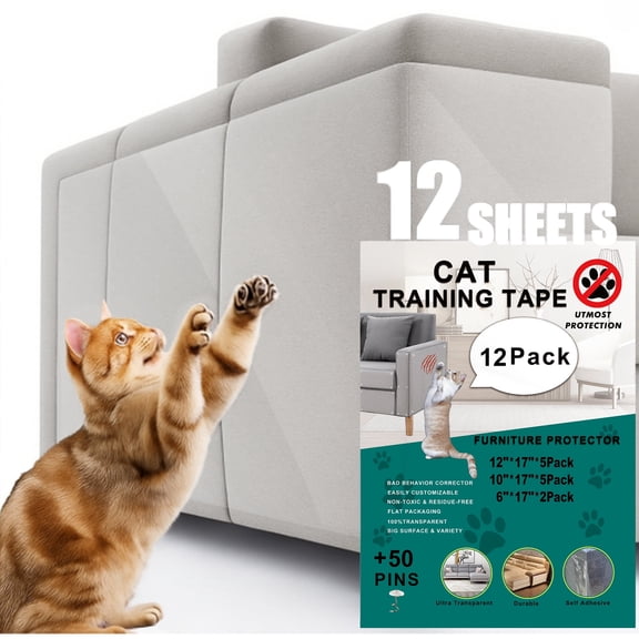 Topsome Anti Cat Scratch Furniture Protector, 12 pack Couch Protector from Cat Claws, Self-Adhesive Deterrent Tape Protectors for Sofa, Walls, Doors
