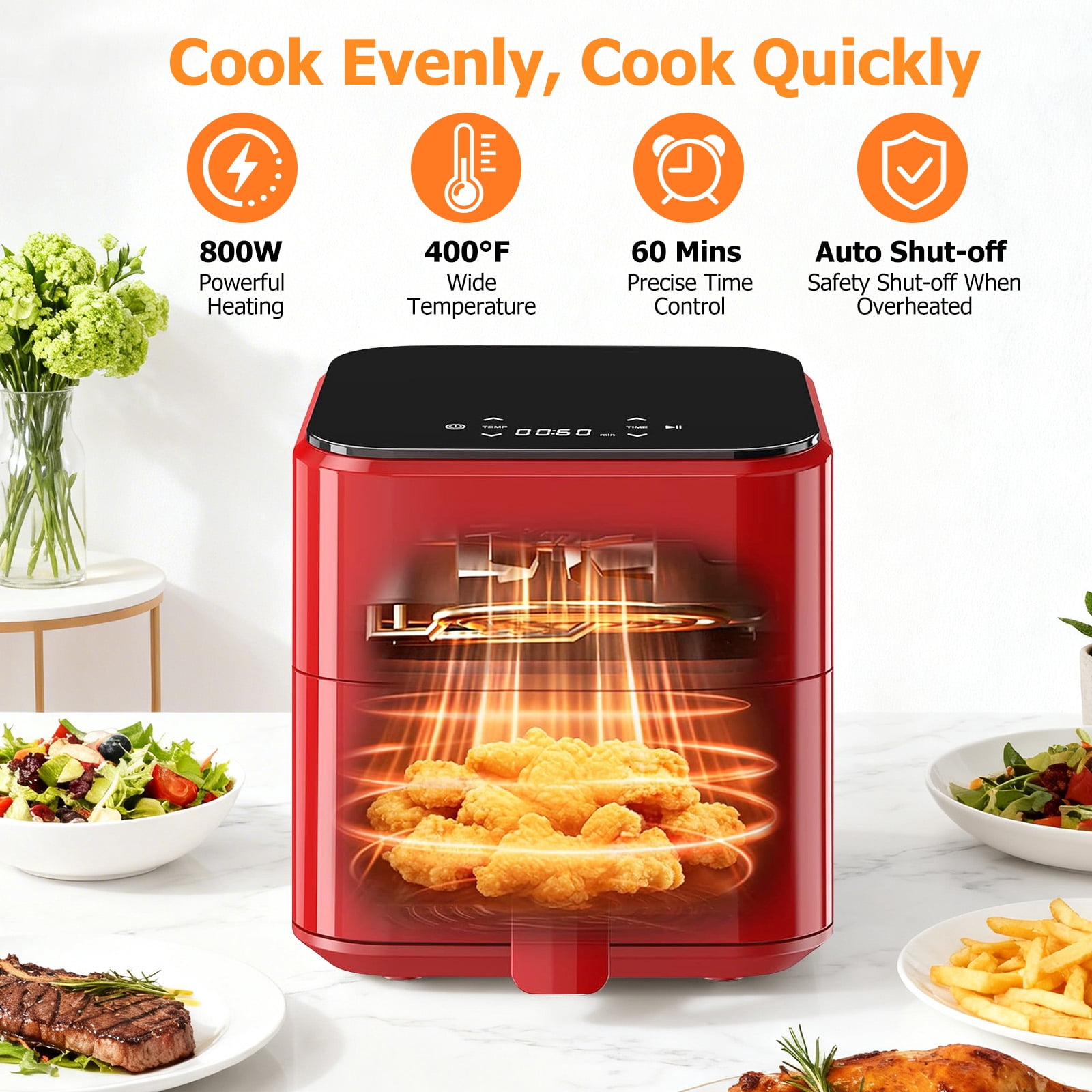 Sybels 3QT Small Air Fryer,Easy-Clean Digital Touch Panel, 400℉ Max Temp, Built-in Auto Shut-off, Nonstick Dishwasher-Safe Basket for Baking, Roasting, Broiling and Reheating, Red