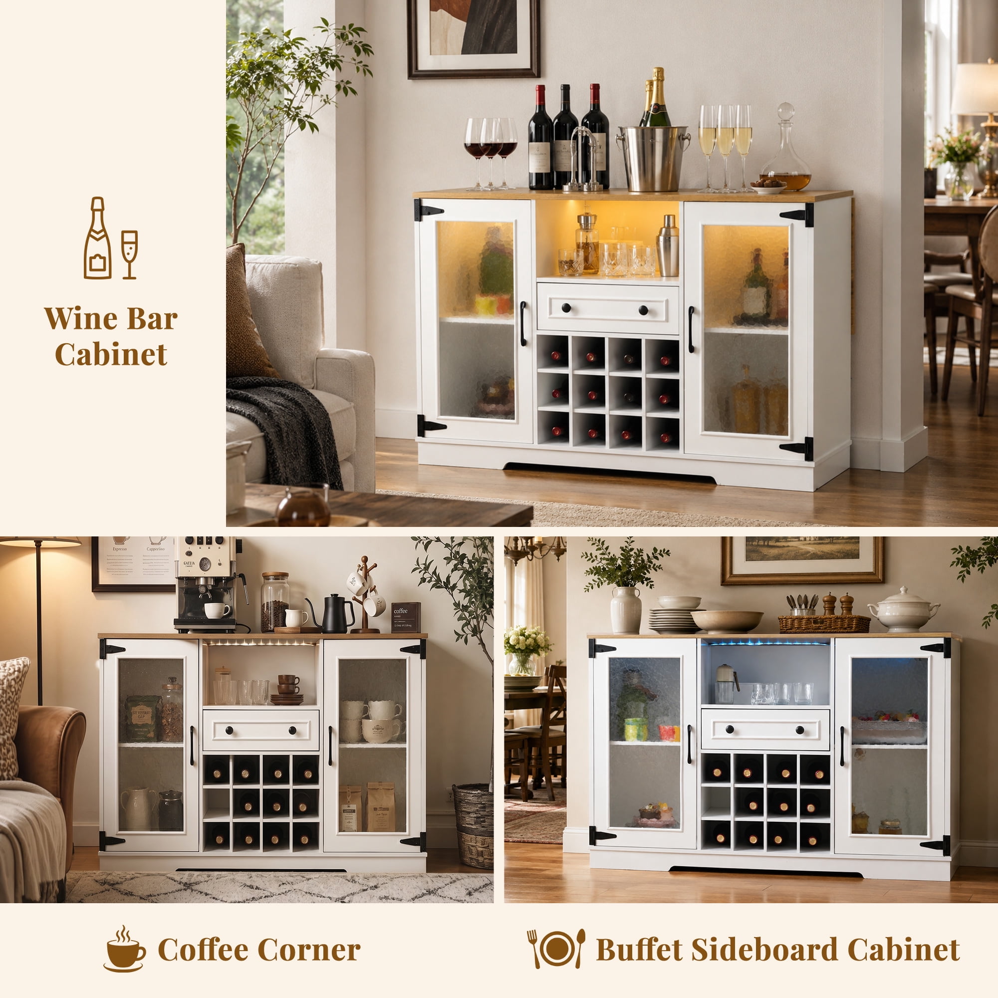Euroco Coffee Bar Cabinet with Drop Leaf, Liquor Wine Bar Cabinet with LED Lights,Glass Doors,12 Wine Racks,1 Drawer & Open Shelf,Farmhouse Kitchen Cabinet for Dining Room,Natural+White