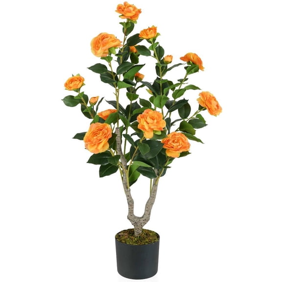 Resenkos 36-Inch Artificial Camellia Tree - 1-Pack with Vibrant Blooming Orange Flowers, Long-Lasting Decor for Home, Porch & Garden Displays, Orange​