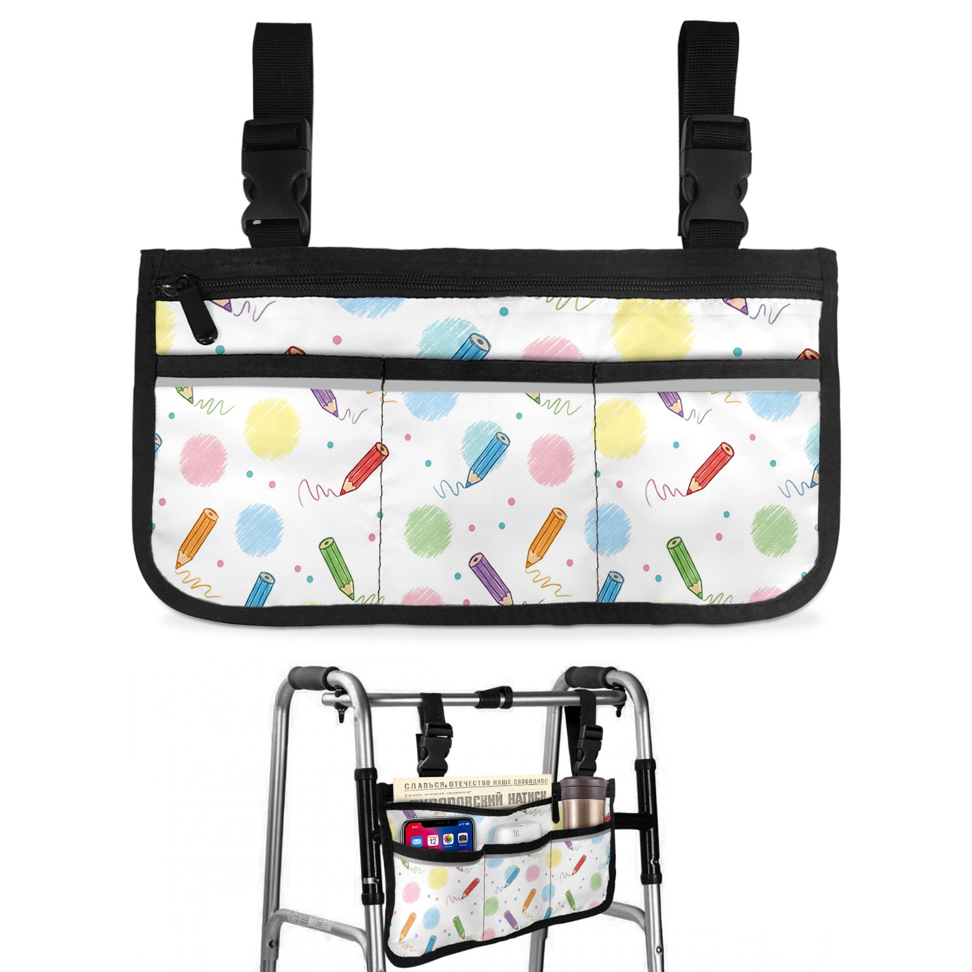 Kids Back To School Wheelchair Side Bag with Cup Holder, Colorful Pencil Scribble Dots Wheelchair Armrest Bag Storage Pouch Adults, Seniors for Walkers, Rollator, Scooter