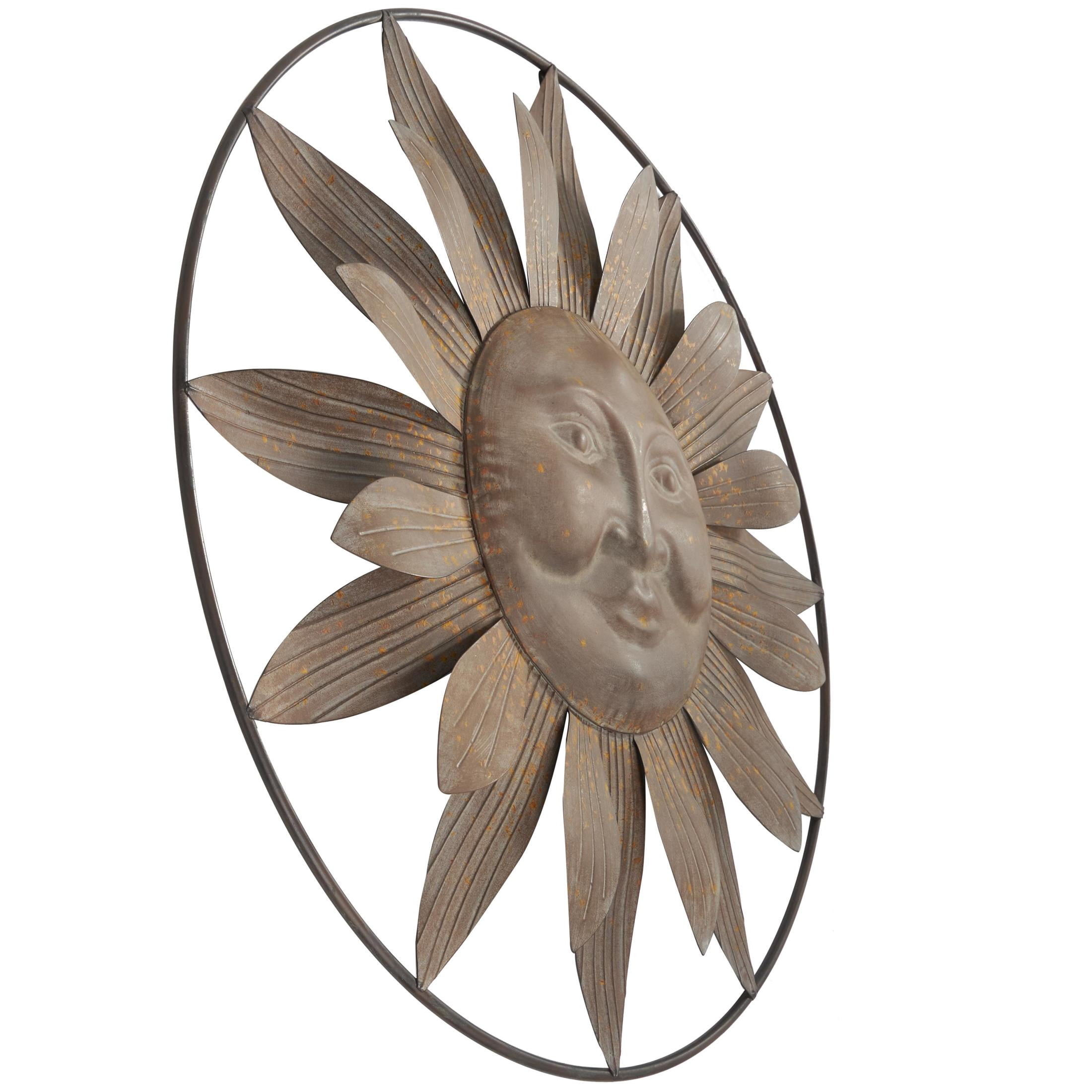 DecMode Rustic Metal Carved Sun Face with Rays Wall Décor, 30"D with Bronze Gold Distressed Finish