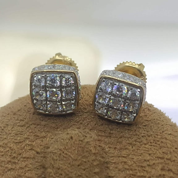 2 Ct Round Cut Simulated Diamond Cluster Men's Stud Earrings, 14K Yellow Gold Plated Silver, Square Design
