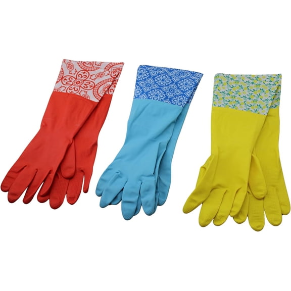 3 Pair Decorative Boutique Latex Cleaning Dishwashing Gloves with Fancy Cuff Size Medium by Dependable Industries Inc. Essentials