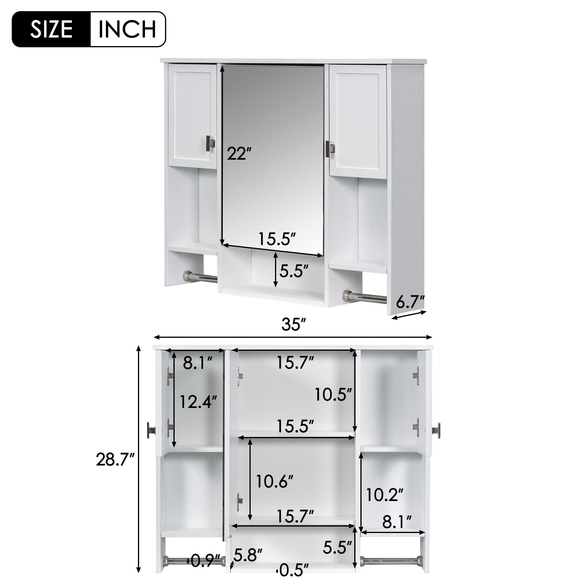 DEALTOPS Stylish Wall Mounted Bathroom Mirror Cabinet with Open Shelves and Towel Racks, White