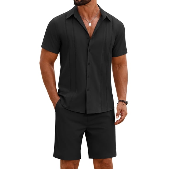 COOFANDY Men Cuban Sets Outfits 2 Piece Short Sleeve Cuban Shirts Guayabera Linen Suit